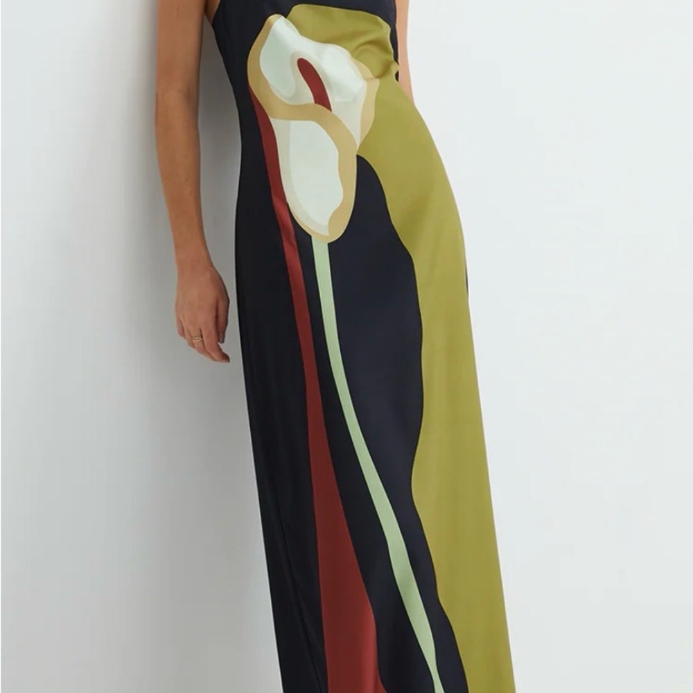 Commense Black Maxi Dress with Olive, Rust & Cream Floral Panel
